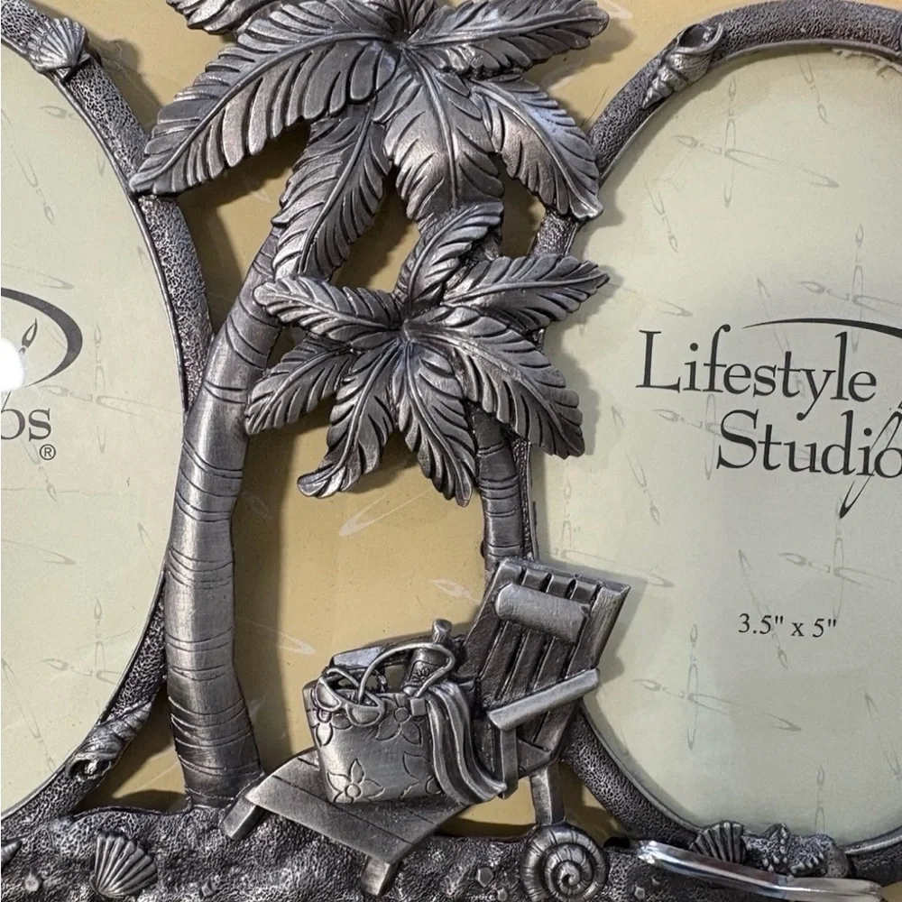Nautical Beachy Tropical Coadtal Double Frame Pewter Dual Frame Palm Tree Shells